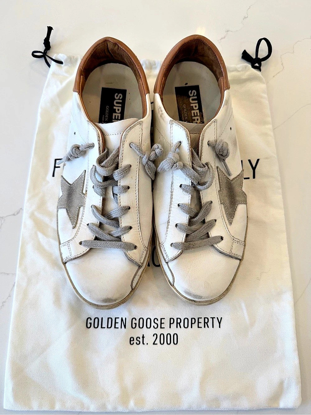 Golden Goose Super-Star Distressed Leather Sneakers in White & Brown EU 39
